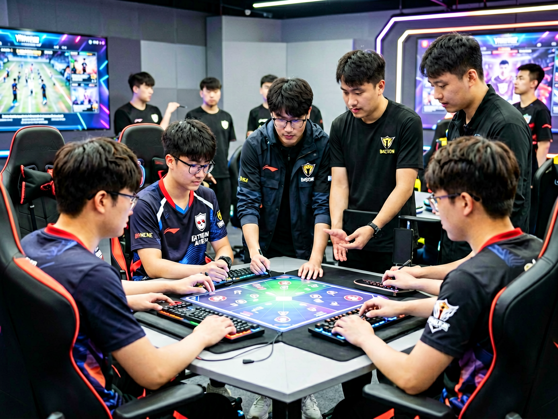 电竞选手在训练基地进行战术复盘，教练团队在场边指导